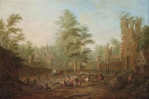 A View Of A Village Scene With Figures At Their Daily Activities by Mathys Schoevaerdts