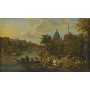 Rome: A Capriccio View Of The Tiber With The Castel Sant'angelo, Peasants With Their Cattle On The River Banks
