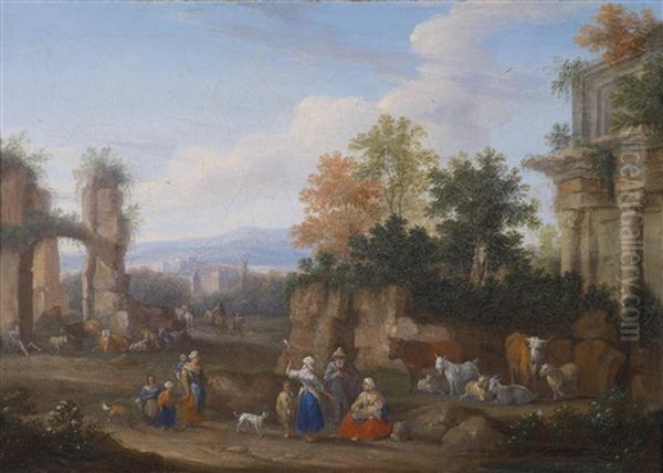 Italienische Landschaft Mit Ruinen Und Bauerlicher Staffage - view 1