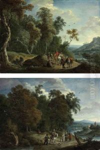 A Wooded River Landscape With A Hunting Party On A Track (+ A Wooded River Landscape With Travellers On A Track; Pair)