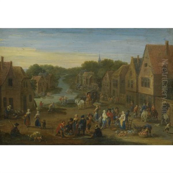 A Village Landscape With Numerous Figures At A Vegetable Market, A Stream Passing Through Beyond - view 1