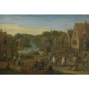 A Village Landscape With Numerous Figures At A Vegetable Market, A Stream Passing Through Beyond by Mathys Schoevaerdts