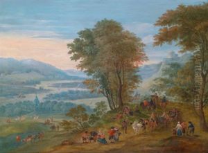 Bewaldete Landschaft Mit Fahrendem Volk Und Einem Flusslauf Im Hintergrund
