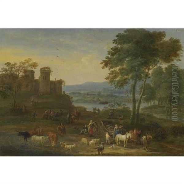 A River Landscape With Herders And Their Animals On A Path With Other Figures, A Village Beyond - view 1