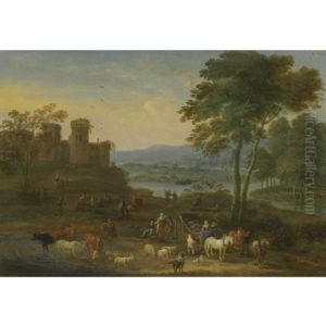 A River Landscape With Herders And Their Animals On A Path With Other Figures, A Village Beyond by Mathys Schoevaerdts