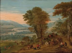 Belebte Kustenszene Mit Einer Befestigung Und Einer Schiffsanlegestelle (+ Bewaldete Landschaft Mit Fahrendem Volk Und Einem Flusslauf Im Hintergrund; Pair)