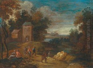 Bewaldete Landschaft Mit Einem Turm Und Figuren by Mathys Schoevaerdts