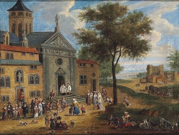 A Village Street With Musicians And Figures Outside A Church - view 1