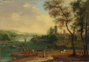 Flusslandschaft Mit Einem Kleinen Binnenhafen Und Einer Stadt