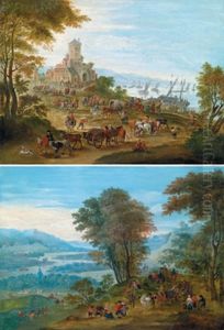 Belebte Kustenszene Mit Einer Befestigung Und Einem Hafen Im Hintergrund (+ Another; Pair) by Mathys Schoevaerdts