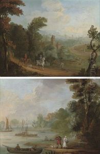 A Wooded Landscape With Figures On Horseback (+ A Wooded River Landscape With Figures On The Bank; Pair) by Mathys Schoevaerdts