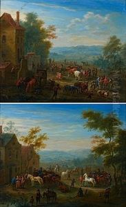 Paysans Et Leurs Troupeaux A L'entree D'un Village (+ Cavaliers Et Leurs Chevaux Devant Une Auberge Dans Un Paysage; Pair) by Mathys Schoevaerdts