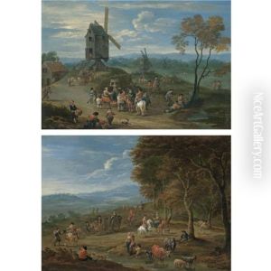 An Extensive Landscape With Peasants Selling Fruit Before A Series Of Windmills (+ A Landscape With Travellers Passing By The Edge Of A Forest; Pair)