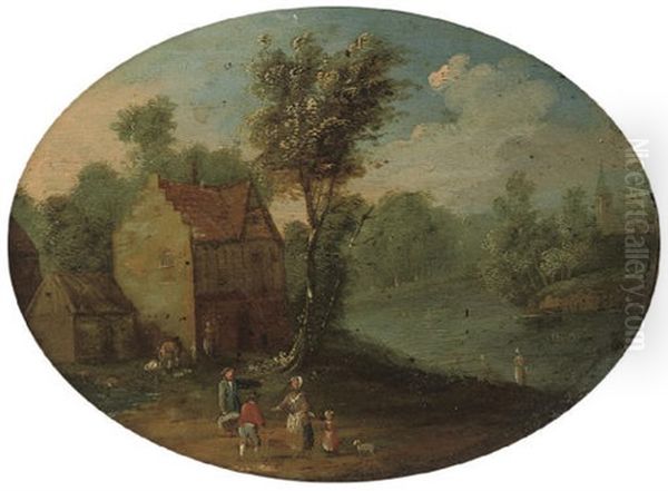 A Wooded River Landscape With Figures By A House - view 1