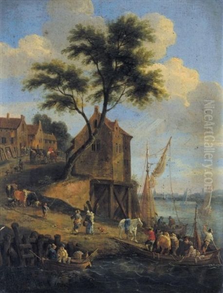Figures Disembarking From A Ferry With Their Horses, A Village Beyond - view 1