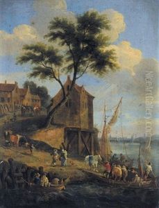 Figures Disembarking From A Ferry With Their Horses, A Village Beyond by Mathys Schoevaerdts