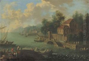 A Coastal Landscape With Fishermen On The Shore And Elegant Figures Promenading By A Villa