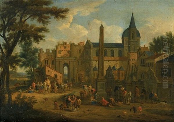 An Italianate Landscape, With Numerous Figures In A Piazza Before A Church - view 1