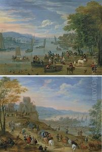 A Coastal Scene With Travelers And Drovers, A Harbor In The Distance (+ A Town On An Estuary With Peasants In Boats; Pair)