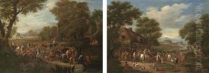 Travellers And Horsemen By A River, A Town Beyond (+ Horsemen And Villagers By A House In An Extensive River Landscape; Pair) by Mathys Schoevaerdts