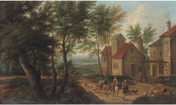 A Wooded Landscape With Travellers On Horseback On A Track By A Village - view 1