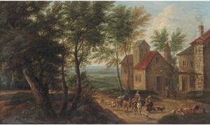 A Wooded Landscape With Travellers On Horseback On A Track By A Village