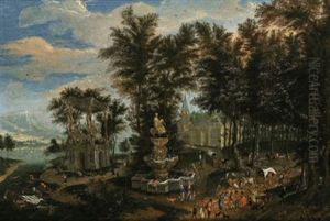 Bewaldete Landschaft Mit Einem Steinernen Brunnen, Einem Monument Und Vielen Figuren by Mathys Schoevaerdts