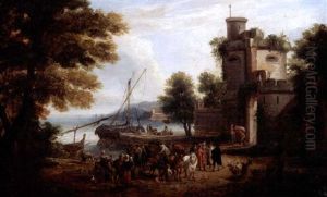 Italianate Harbour Scene With Figures On The Quay Before A Town's Walls