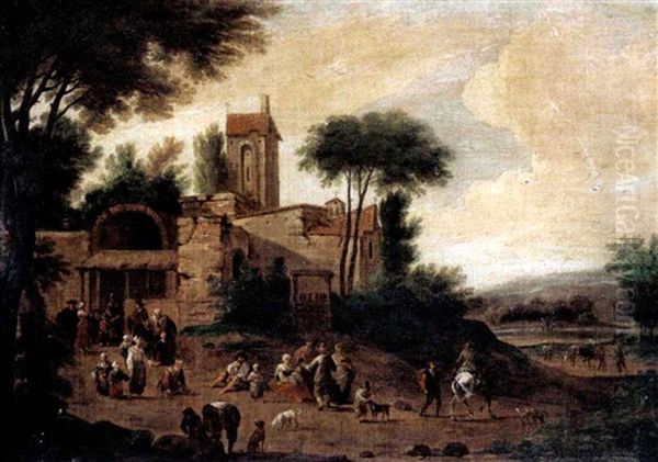 An Italianate Landscape With Figures Before A Church - view 1