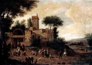 An Italianate Landscape With Figures Before A Church