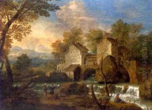An Italianate River Landscape With Peasants On A Track, An Angler And A Town Beyond (+ An Italianate River Landscape With A Drover And His Cattle On A Track, A Water Mill Beyond; Pair) by Mathys Schoevaerdts