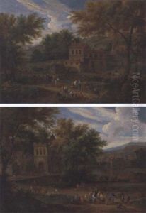 A River Landscape With Gentleman And Peasants On A Path By A Castle