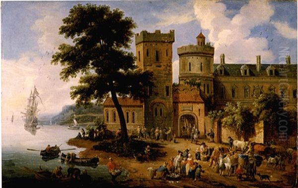 A Coastal Landscape With A Crowded Fish Market Before The Walls Of A Town - view 1