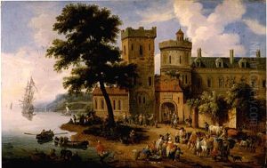 A Coastal Landscape With A Crowded Fish Market Before The Walls Of A Town
