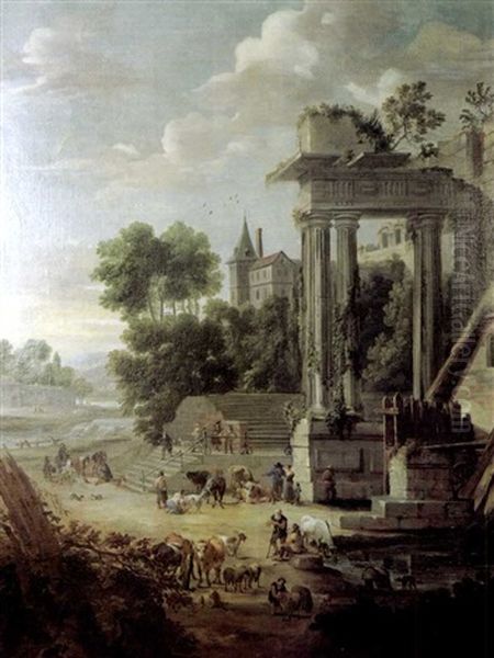 Paysans Pres Des Ruines D'un Temple - view 1