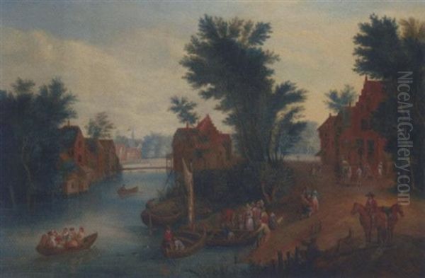 A Village Landscape With Elegant Company In Ferries Crossing A River - view 1