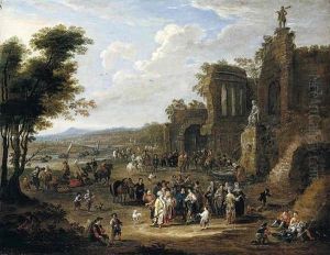 A River Landscape With Orientals And Locals Conversing Before A Set Of Ruins by Mathys Schoevaerdts