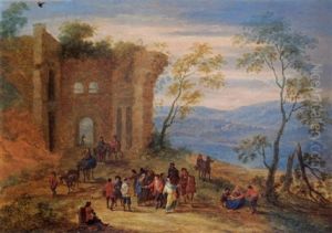 A Wooded Landscape With Gypsies, Horsemen And Travellers Conversing And Resting Near Ruins by Mathys Schoevaerdts