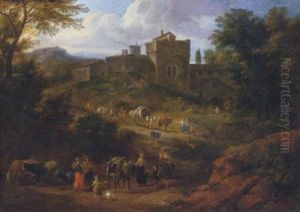 An Italianate Landscape With Travellers On A Hilly Path Near A Villa by Mathys Schoevaerdts