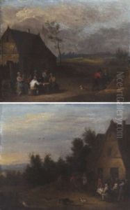 A Landscape With Peasants Smoking Around A Table Outside A Farmhouse