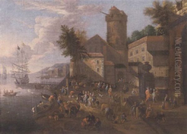 A Capriccio Of A Mediterranean Harbour With Numerous Figures On A Quayside, Sailing Vessels Beyond - view 1