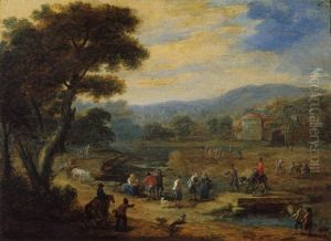 Landscape With Peasants Resting Beside A Stream With Buildings Beyond Landscape With Peasants Resting Beside A Stream With Buildings Beyond