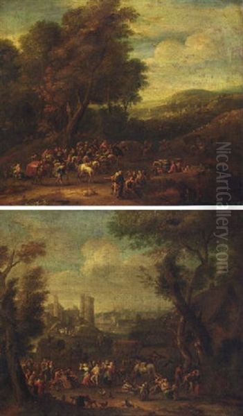 A Wooded Landscape With A Caravan Of Travellers In A Clearing, A Town Beyond - view 1