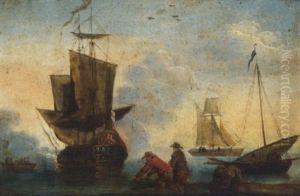 An English Man-o'war And Other Shipping by Mathys Schoevaerdts