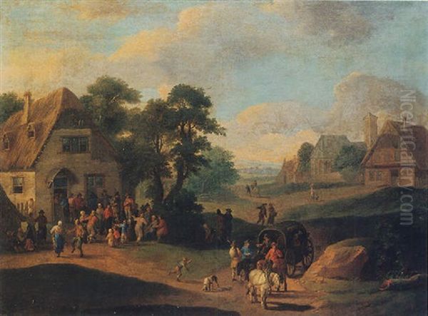 A Village Scene With Peasants Dancing Before An Inn, Waggoners On A Path In The Foreground - view 1