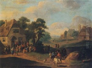 A Village Scene With Peasants Dancing Before An Inn, Waggoners On A Path In The Foreground