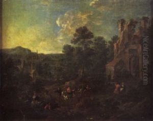 Travellers On A Path Outside A Ruined Gate With A Town In The Distance Travellers On A Path Outside A Ruined Gate With A Town In The Distance