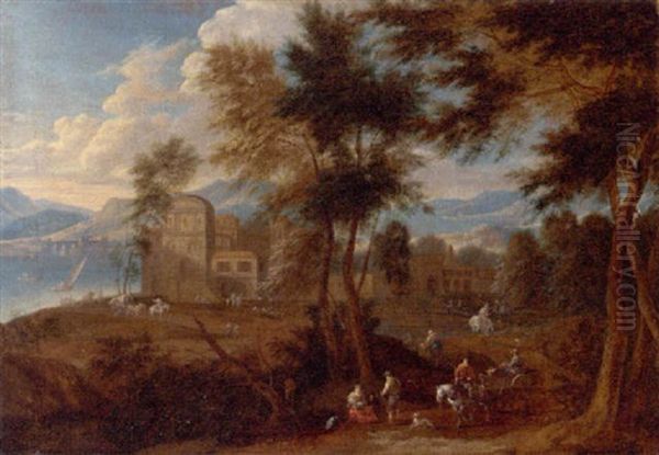 Figures In A Wooded Landscape, A Classical Town By A Lake Beyond - view 1