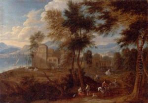 Figures In A Wooded Landscape, A Classical Town By A Lake Beyond Figures In A Wooded Landscape, A Classical Town By A Lake Beyond