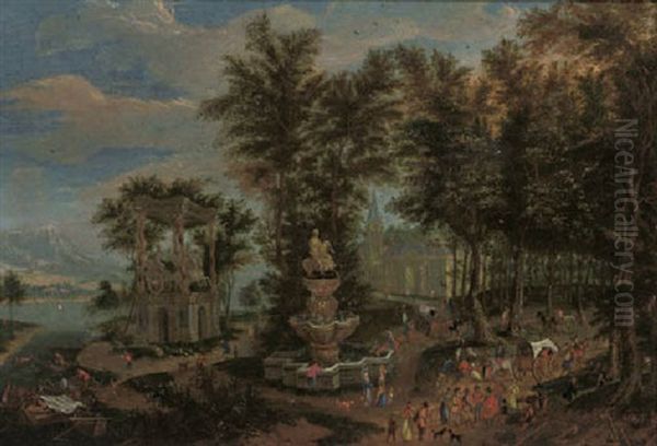 Travellers And Peasants On A Road By A Fountain Near A Country Mansion, A Truimphal Statue Of A Roman Emperor Near A Landing Stage Beyond - view 1